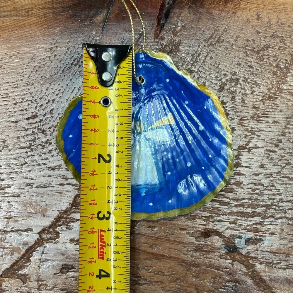 Hand-Painted Angel Shell Ornament Blue Gold Trim Christmas